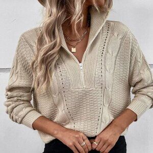 Drop Shoulder Zip Half Placket Cable Knit Sweater